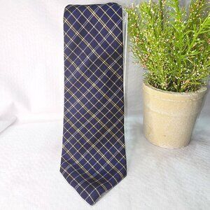 LAUREN RALPH LAUREN HAND FINISHED IMPORTED SILK TIE BLUE WITH GOLD PLAID EUC